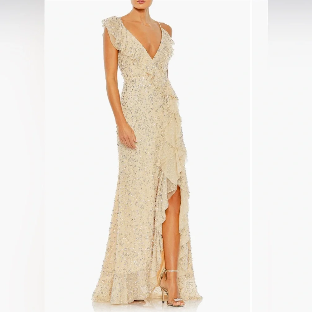 Mac Duggal Sequin Ruffle Asymmetric
Neck Tulle Gown/with Flutter Cap Sleeves - Picture 1 of 14